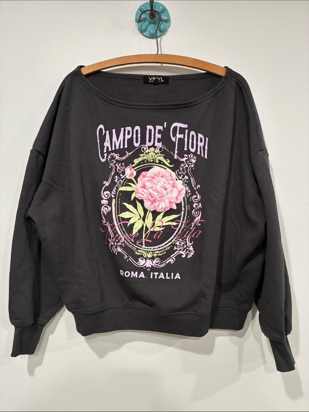 Vinyl Icons Black Sweatshirt with Pink Floral Graphic